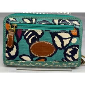 Fossil Women's Teal White Brown Floral Print Wallet with Zipper Closure